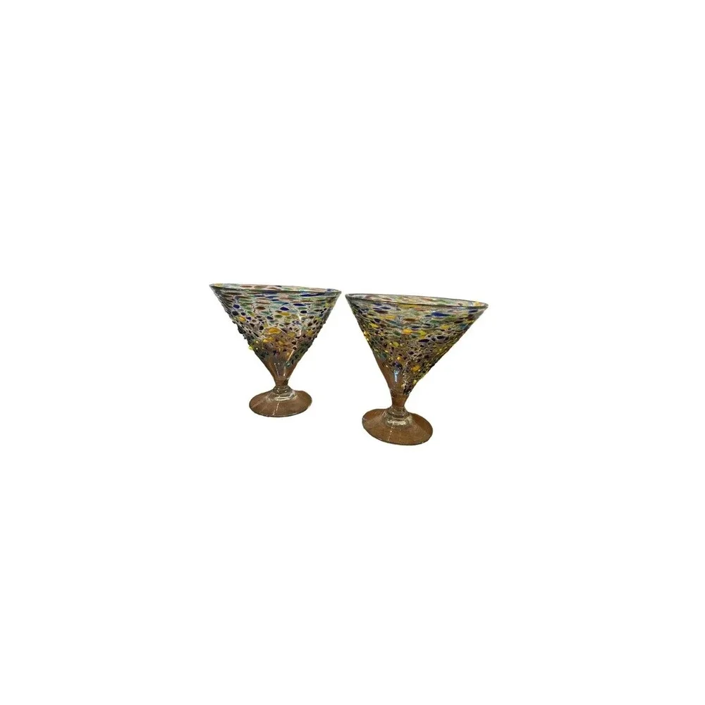 SET OF 2 MEXICAN CONFETTI WITH COLOR PEBBLES HAND BLOWN ROCKS Margarita Glasses